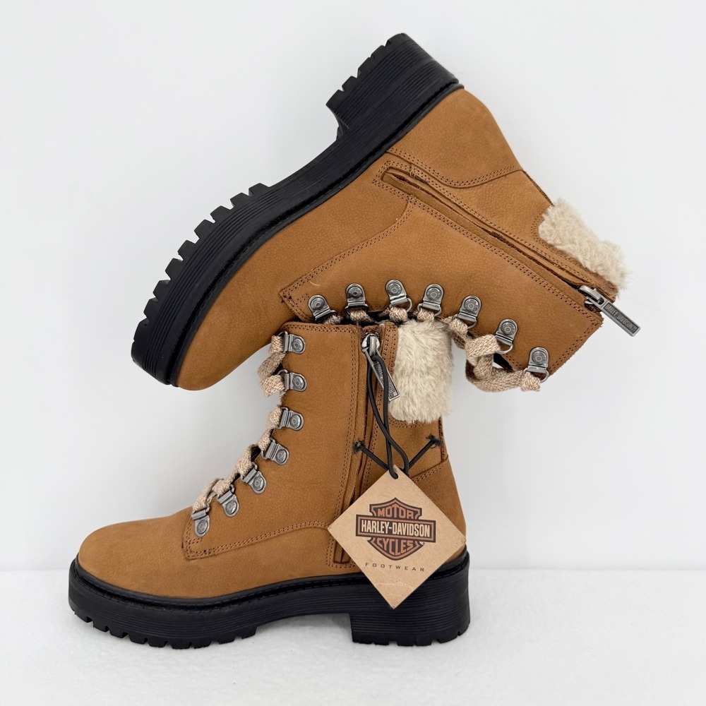 Harley-Davidson Women's Tan Leather Combat Moto Boots Size 6.5 M Faux Fur NWOB